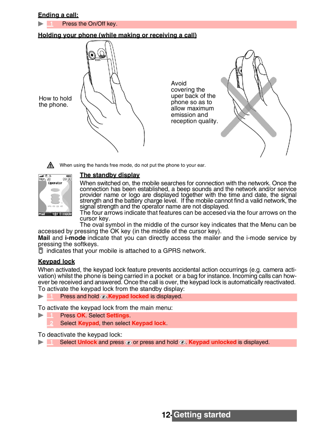 Mitsubishi Electronics M342i Ending a call, Press the On/Off key, Holding your phone while making or receiving a call 