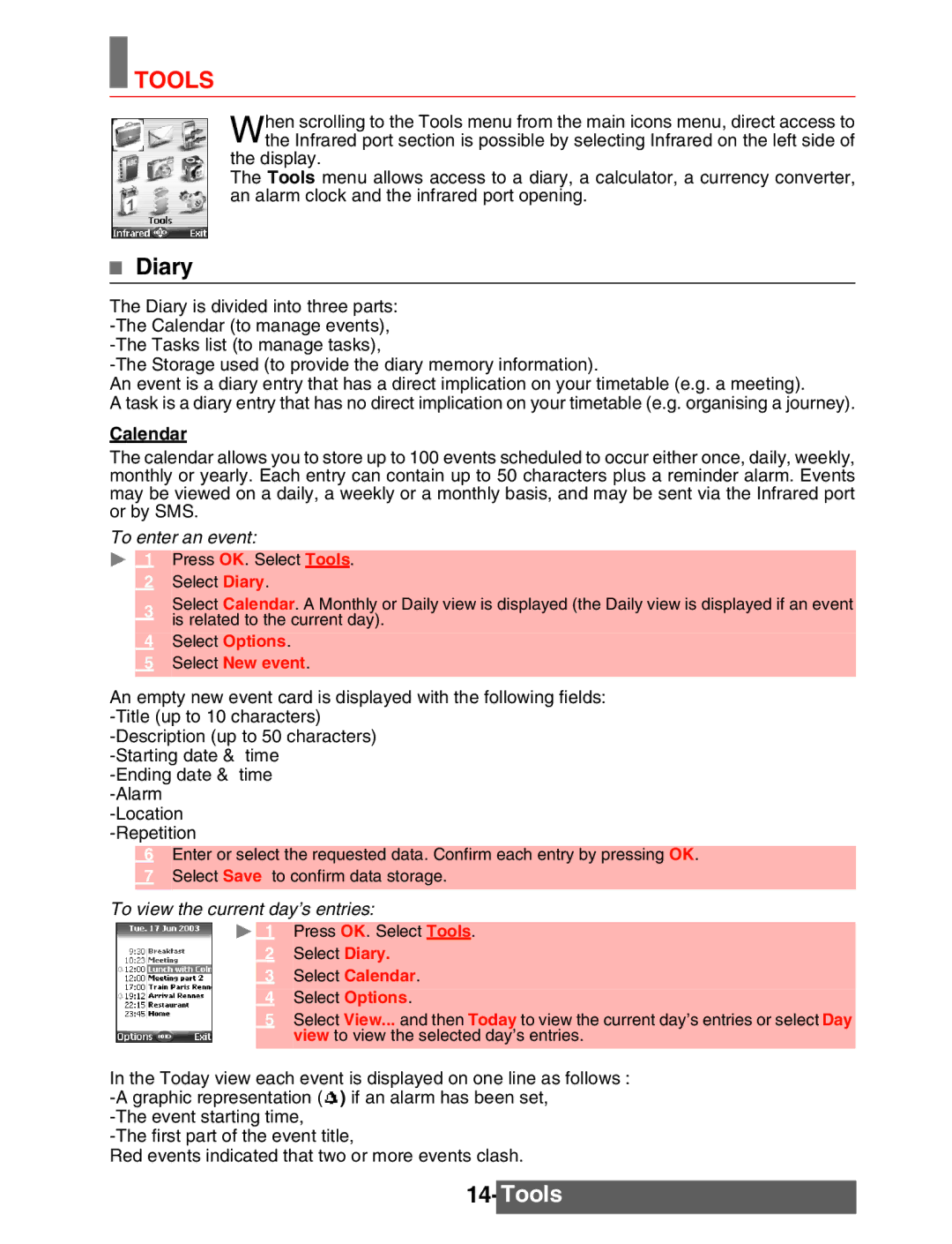 Mitsubishi Electronics M342i manual Tools, Diary, Calendar, Select New event 