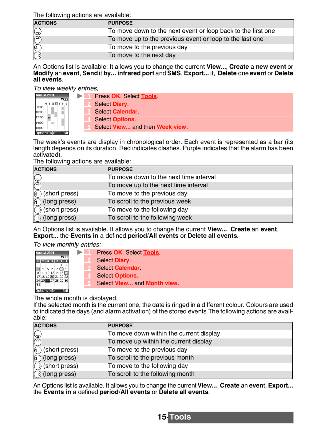 Mitsubishi Electronics M342i manual To view weekly entries, To view monthly entries, Select View... and Month view 