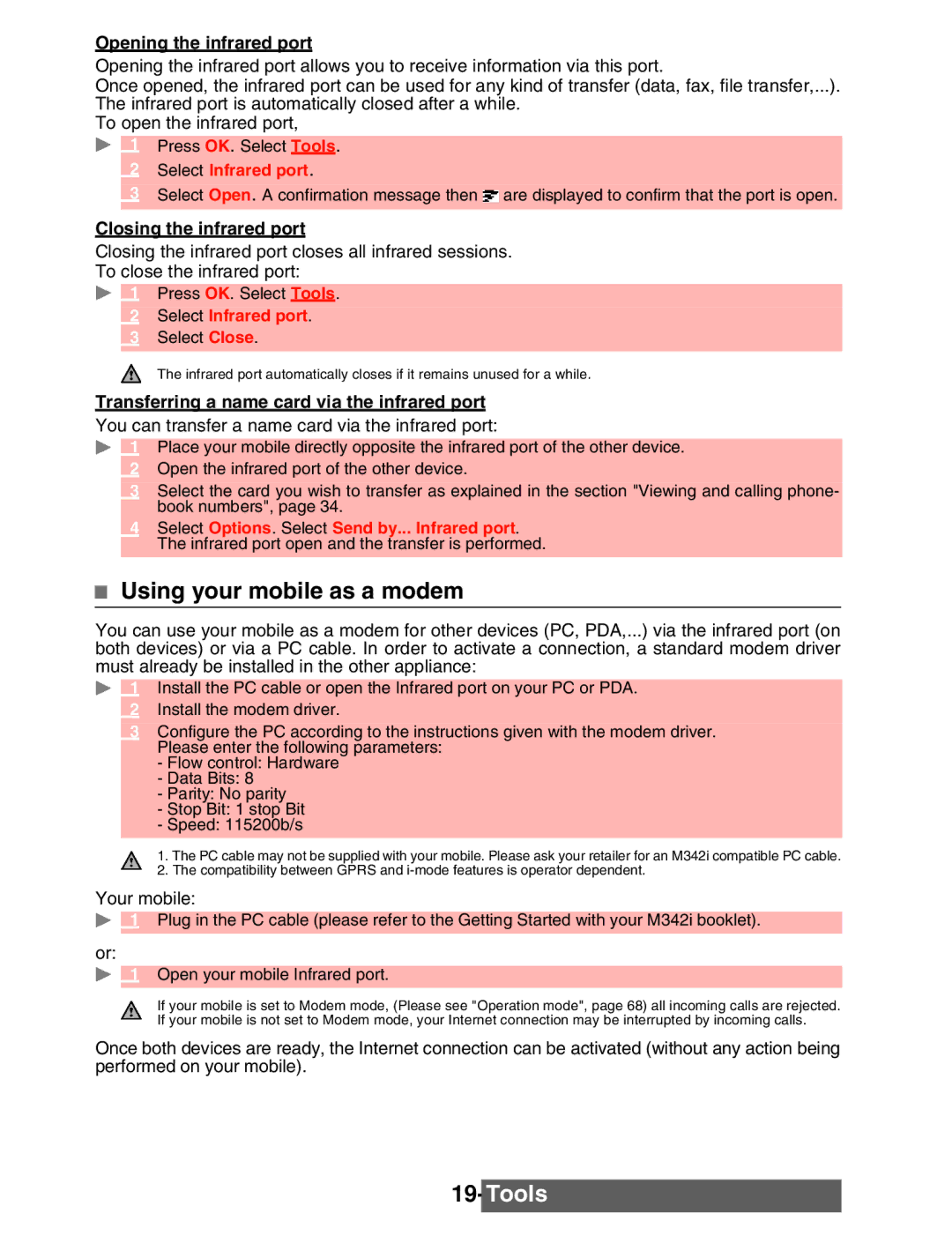 Mitsubishi Electronics M342i manual Using your mobile as a modem, Opening the infrared port, Select Infrared port 