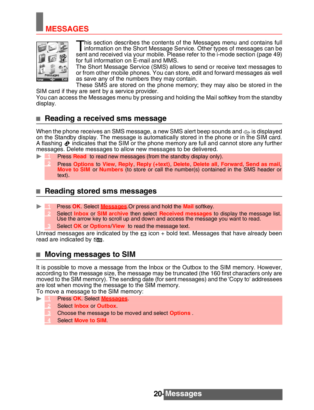 Mitsubishi Electronics M342i Messages, Reading a received sms message, Reading stored sms messages, Moving messages to SIM 