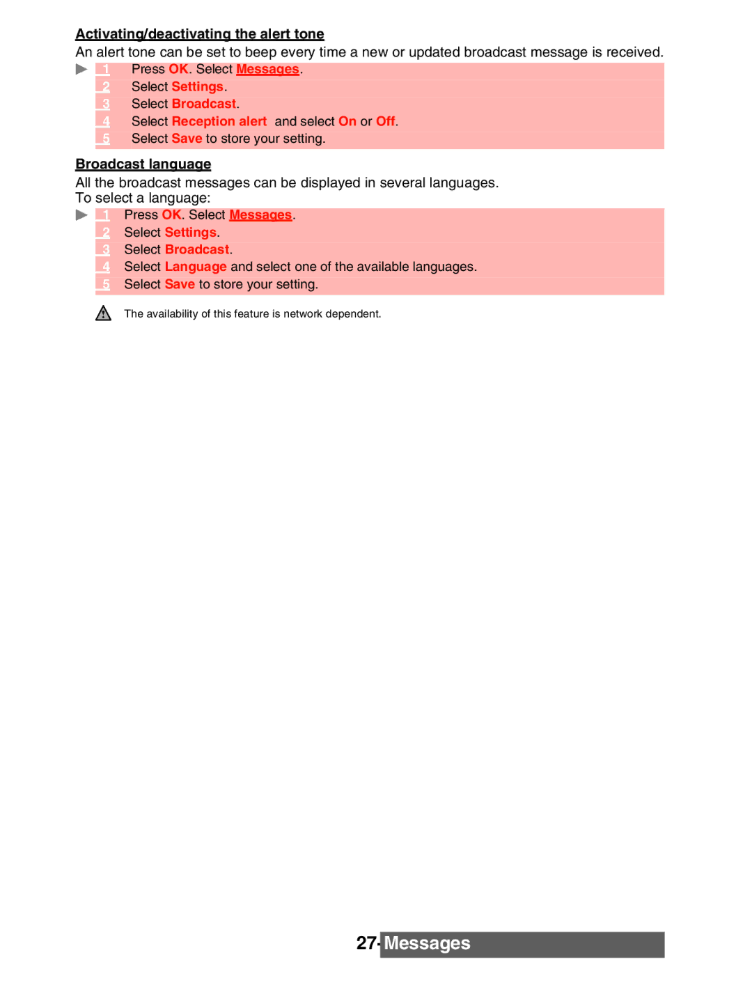 Mitsubishi Electronics M342i manual Activating/deactivating the alert tone, Broadcast language 