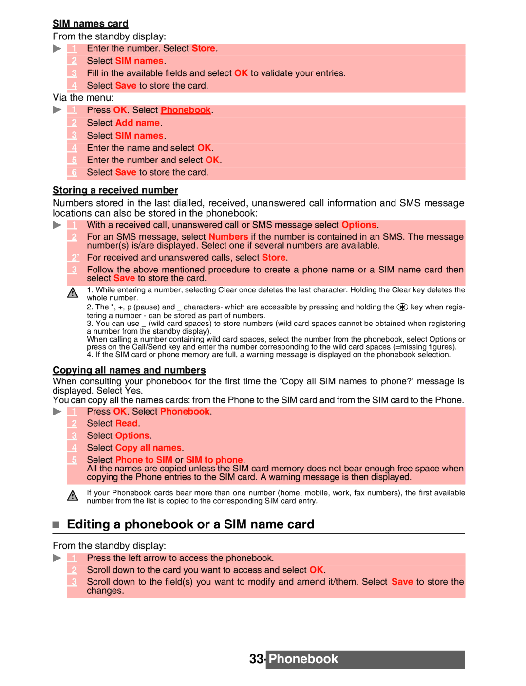 Mitsubishi Electronics M342i manual Editing a phonebook or a SIM name card, Select SIM names 