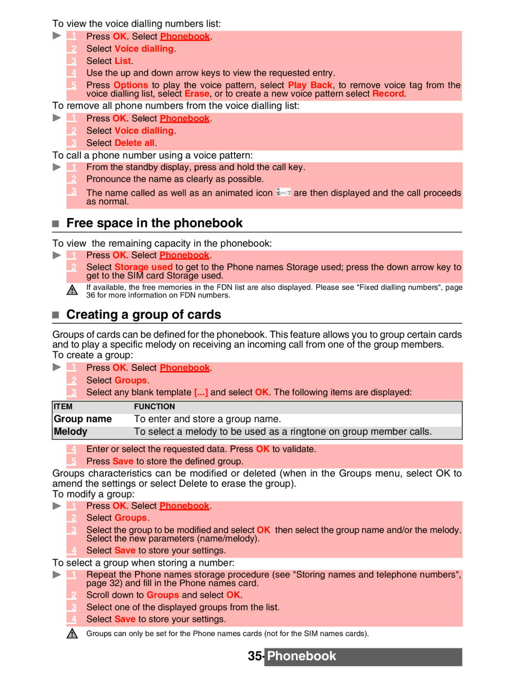 Mitsubishi Electronics M342i manual Free space in the phonebook, Creating a group of cards 