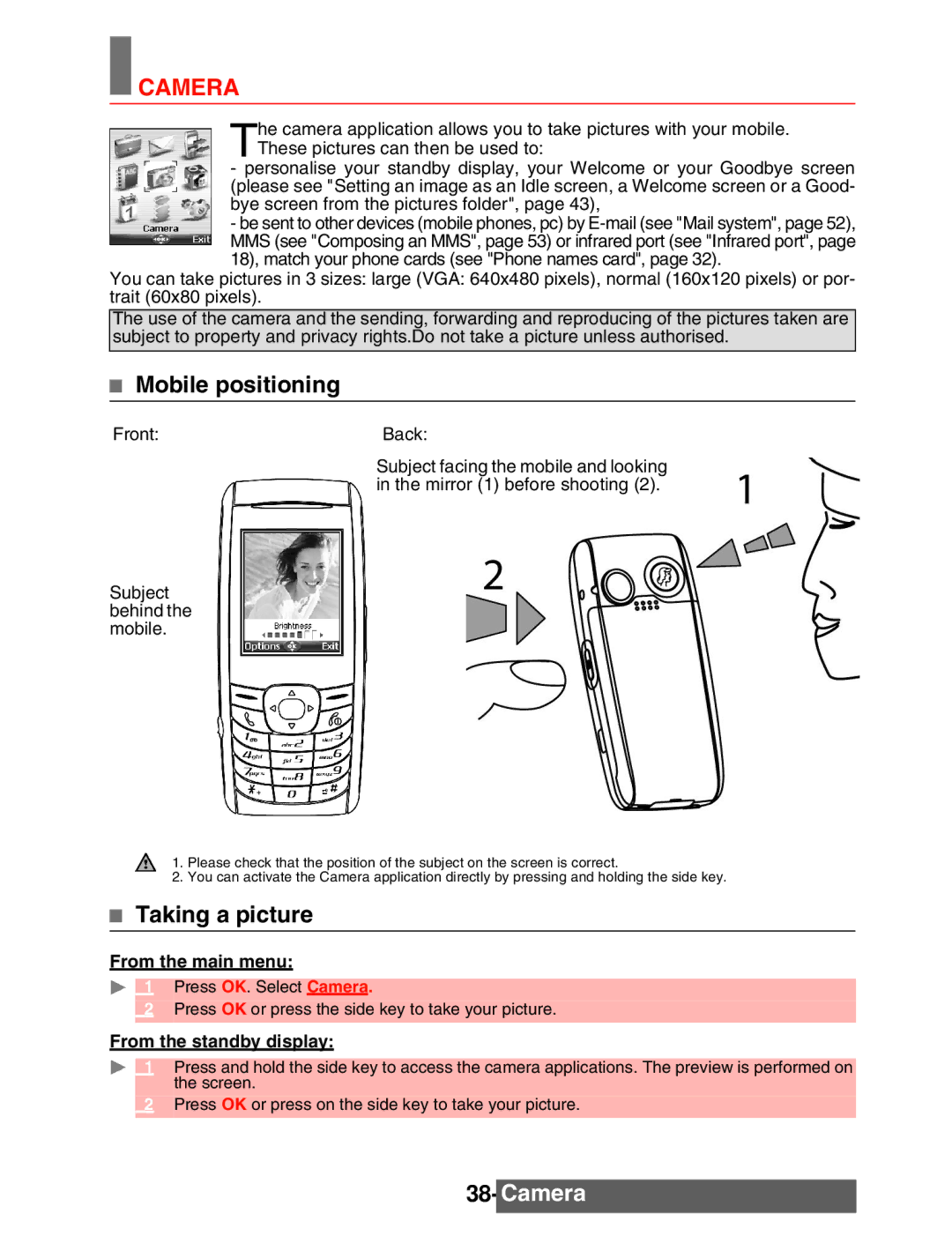 Mitsubishi Electronics M342i manual Camera, Mobile positioning, Taking a picture 