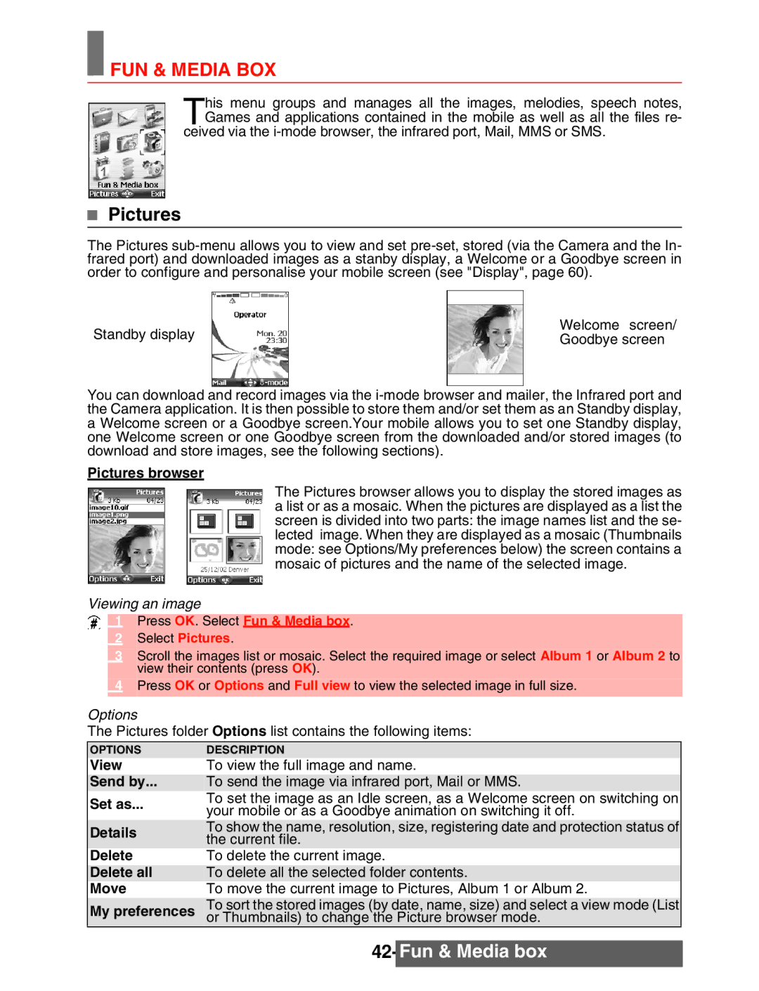 Mitsubishi Electronics M342i manual FUN & Media BOX, Fun & Media box, Pictures browser 