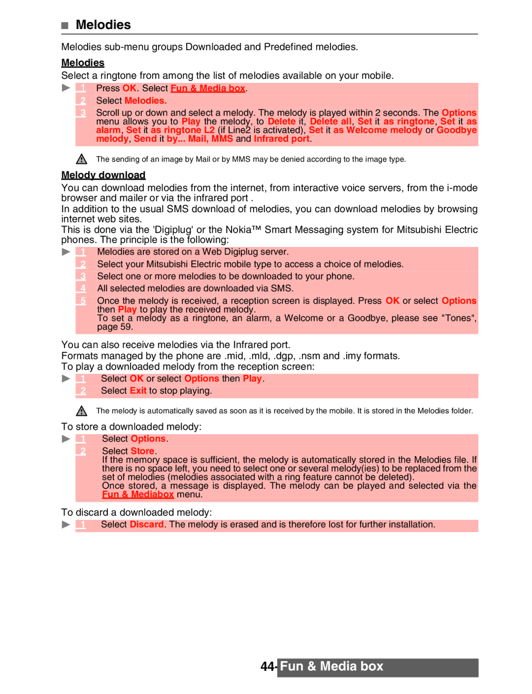 Mitsubishi Electronics M342i manual Select Melodies, Melody download 