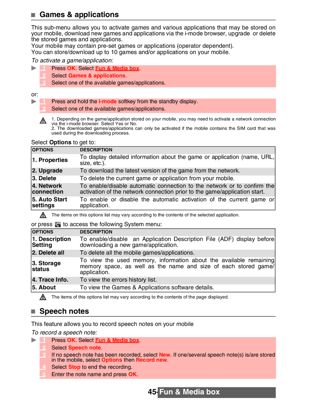 Mitsubishi Electronics M342i manual Speech notes, Select Games & applications, Select Speech note 