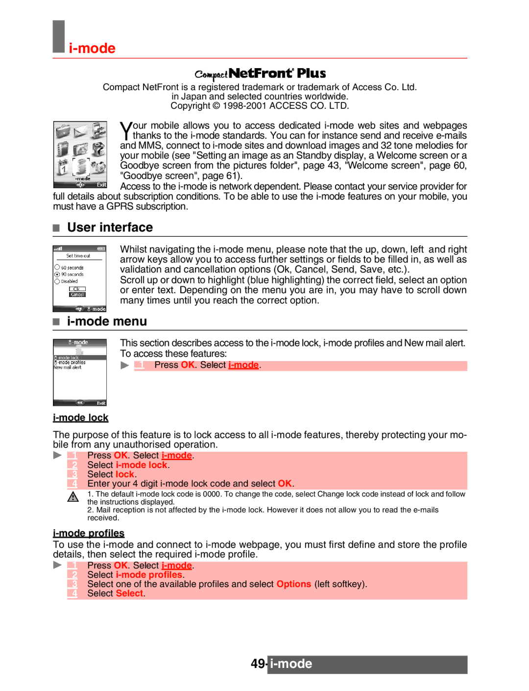 Mitsubishi Electronics M342i manual User interface, Mode menu, Mode profiles, Select i-mode profiles 