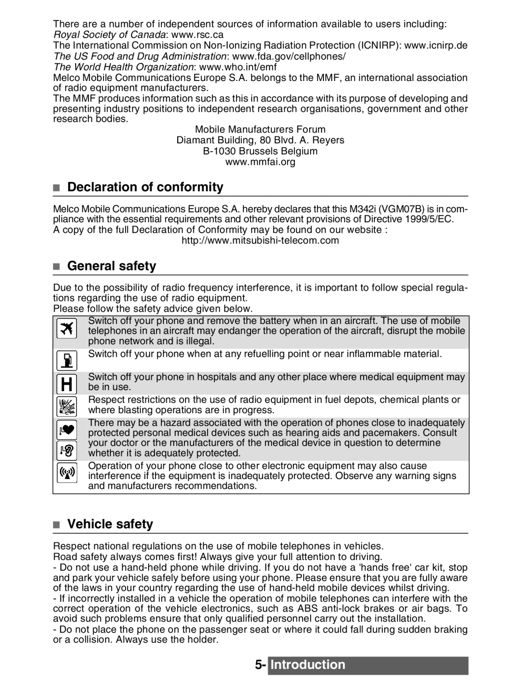 Mitsubishi Electronics M342i manual Declaration of conformity, General safety, Vehicle safety 