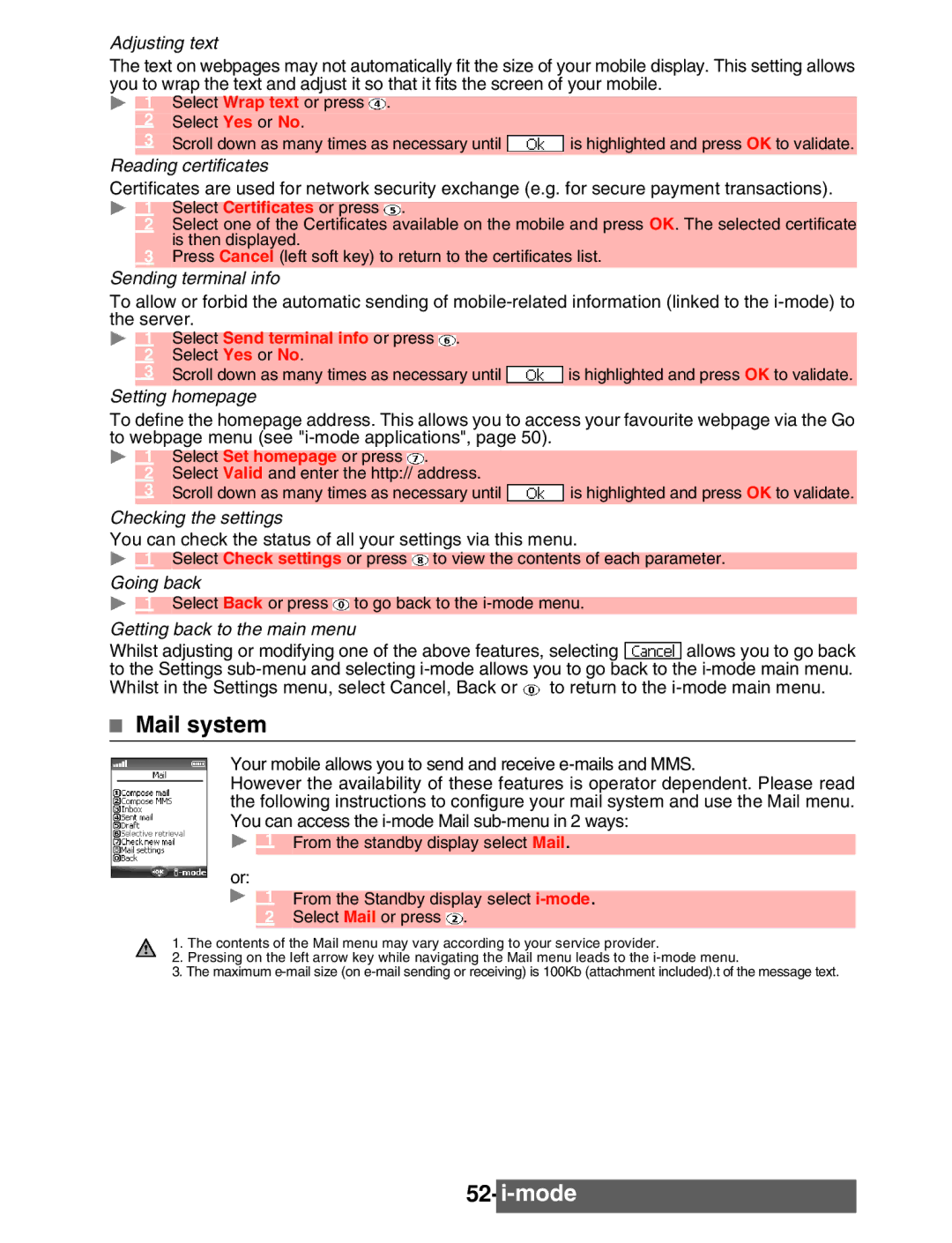 Mitsubishi Electronics M342i manual Mail system, Adjusting text, Sending terminal info, Select Send terminal info or press 