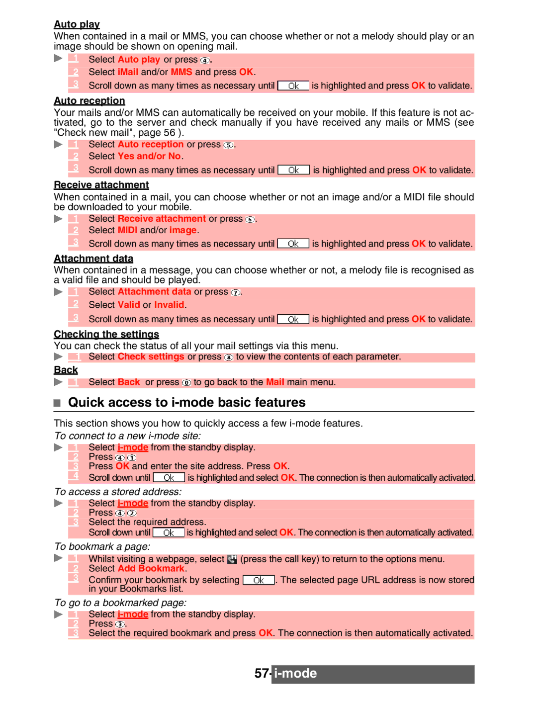 Mitsubishi Electronics M342i manual Quick access to i-mode basic features, Select Yes and/or No, Select Valid or Invalid 