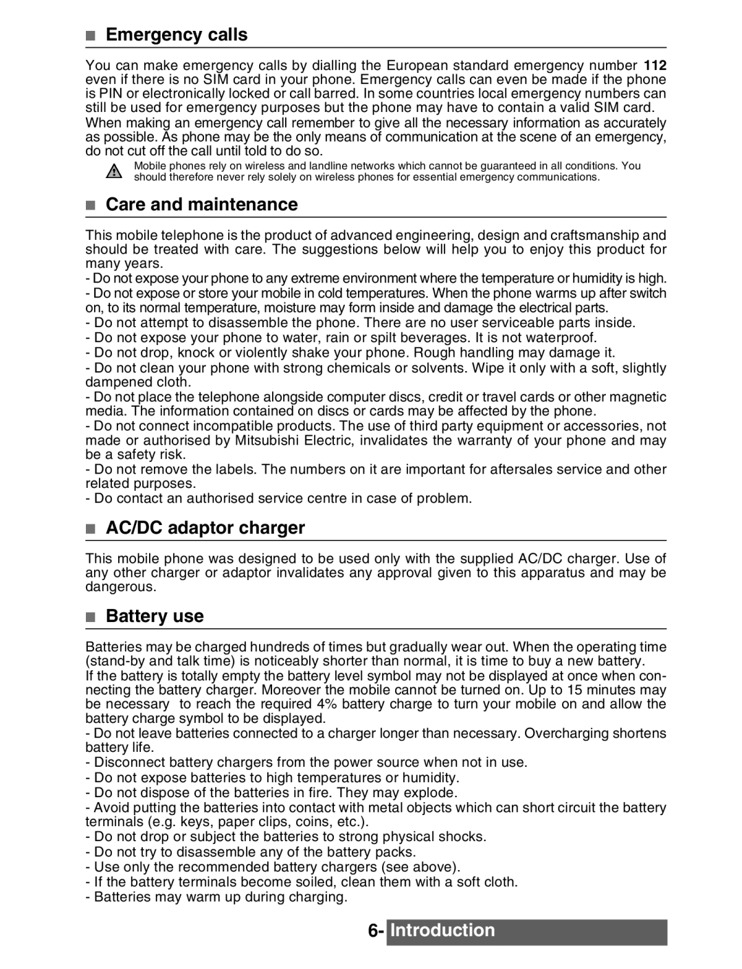Mitsubishi Electronics M342i manual Emergency calls, Care and maintenance, AC/DC adaptor charger, Battery use 