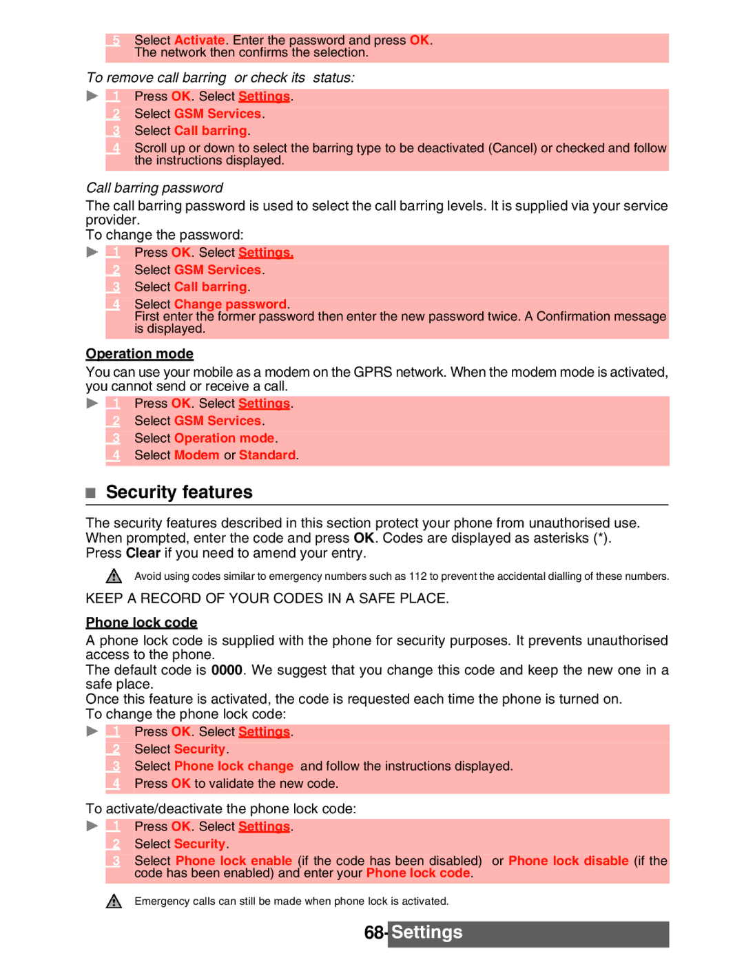 Mitsubishi Electronics M342i Security features, Select GSM Services Select Call barring, Operation mode, Phone lock code 