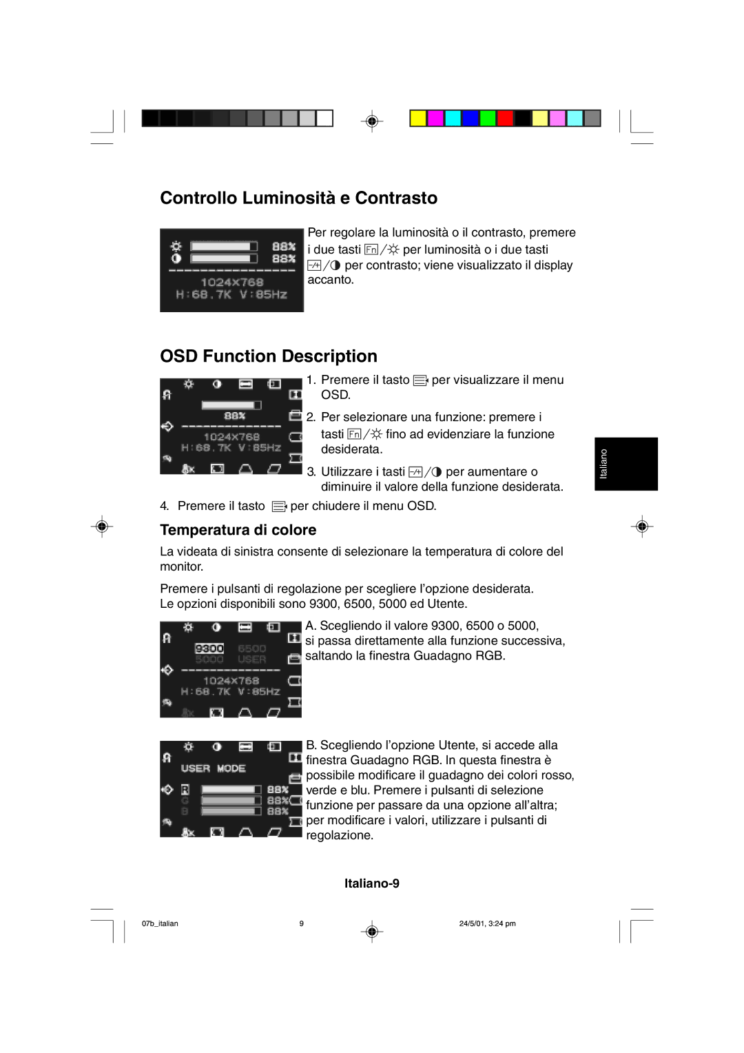 Mitsubishi Electronics M557 user manual Controllo Luminosità e Contrasto, Italiano-9 