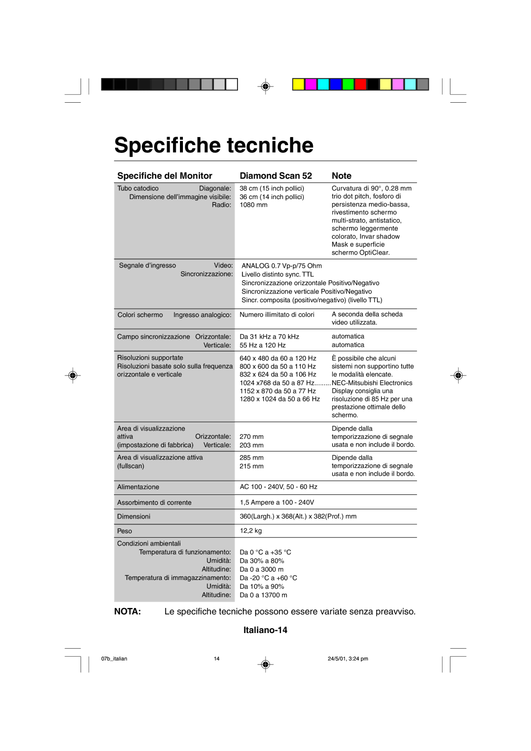 Mitsubishi Electronics M557 user manual Specifiche tecniche, Specifiche del Monitor Diamond Scan, Italiano-14 