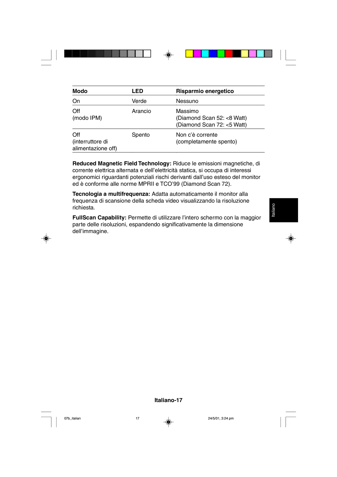 Mitsubishi Electronics M557 user manual Modo, Risparmio energetico, Italiano-17 