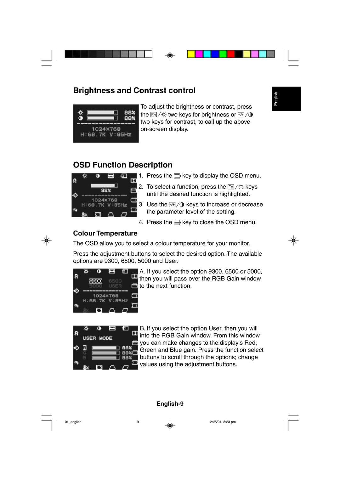 Mitsubishi Electronics M557 user manual Brightness and Contrast control, OSD Function Description, English-9 