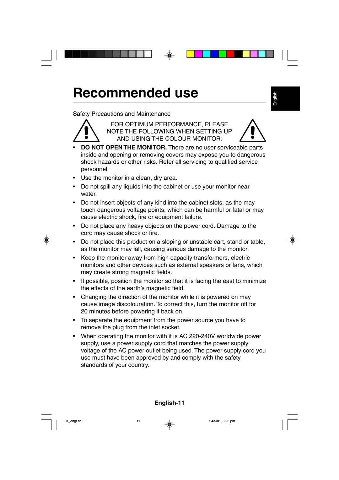 Mitsubishi Electronics M557 user manual Recommended use, English-11 