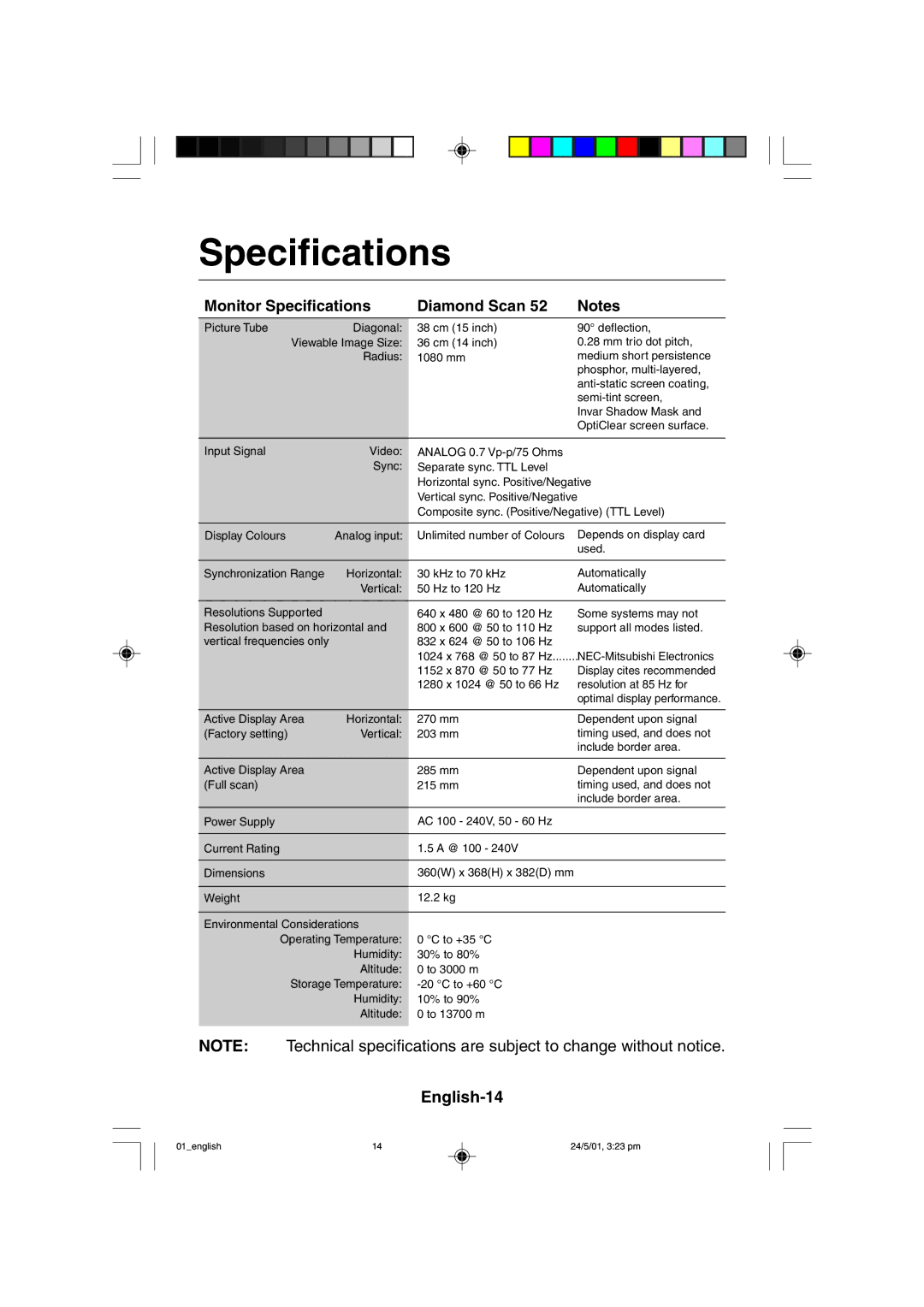 Mitsubishi Electronics M557 user manual English-14, Monitor Specifications Diamond Scan 