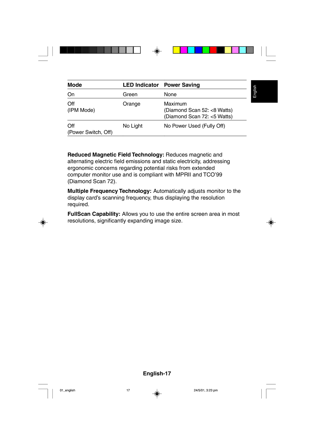 Mitsubishi Electronics M557 user manual Mode LED Indicator Power Saving, English-17 