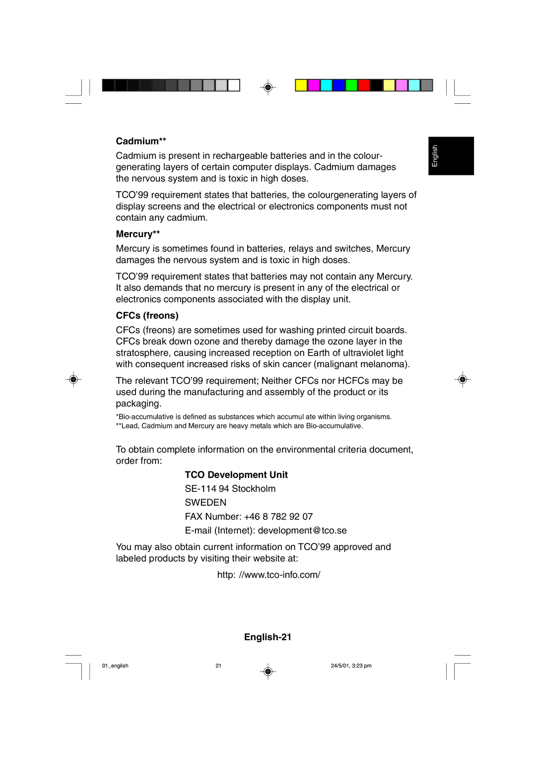 Mitsubishi Electronics M557 user manual Cadmium, Mercury, CFCs freons, TCO Development Unit, English-21 