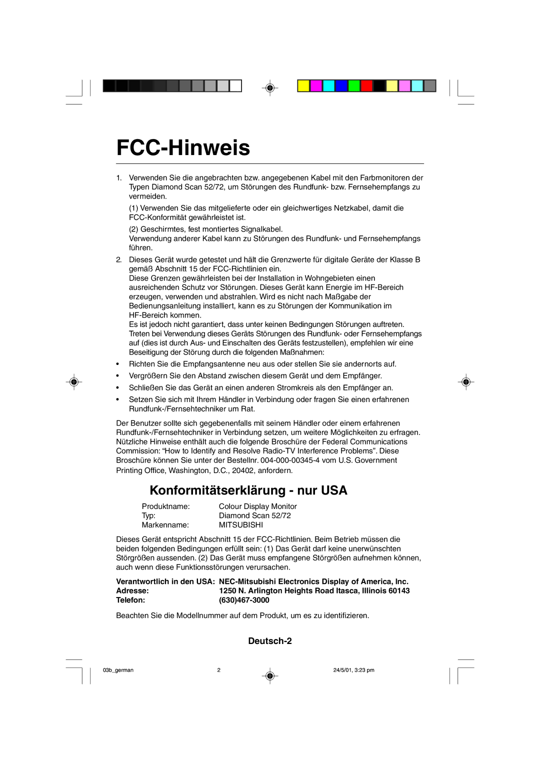 Mitsubishi Electronics M557 user manual FCC-Hinweis, Konformitätserklärung nur USA, Deutsch-2 