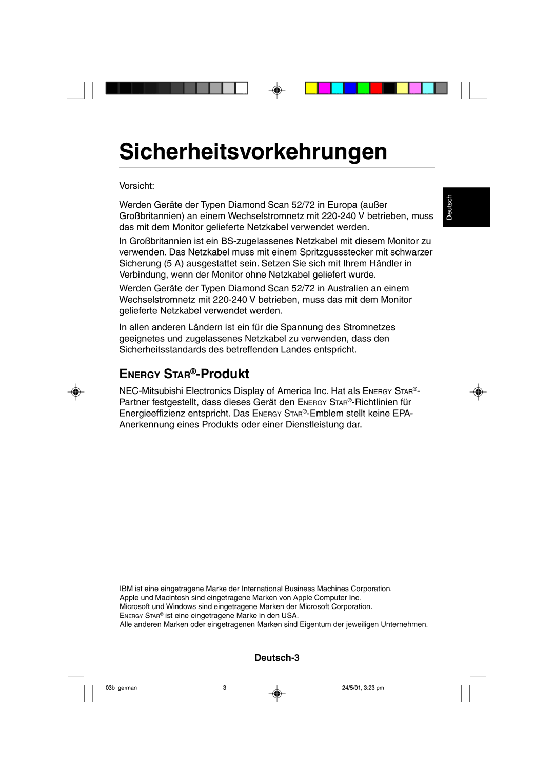 Mitsubishi Electronics M557 user manual Sicherheitsvorkehrungen, Energy STAR-Produkt, Deutsch-3 