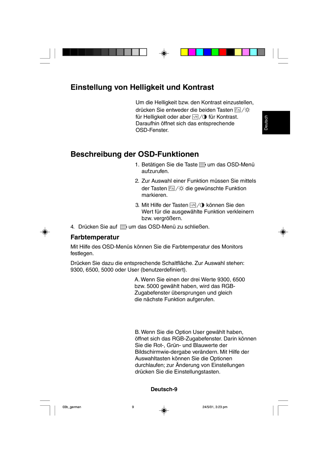 Mitsubishi Electronics M557 user manual Einstellung von Helligkeit und Kontrast, Beschreibung der OSD-Funktionen, Deutsch-9 