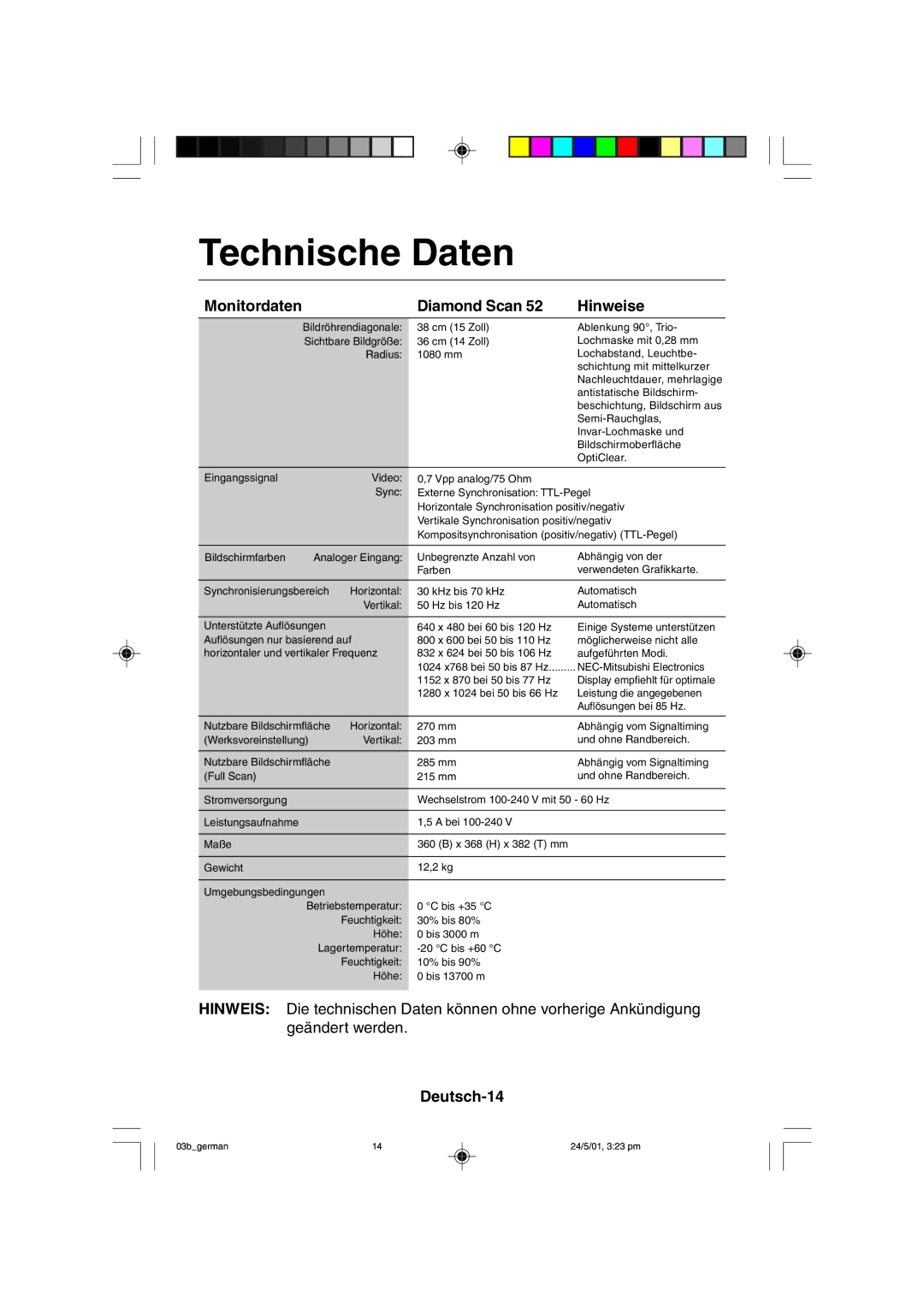 Mitsubishi Electronics M557 user manual Technische Daten, Monitordaten Diamond Scan, Deutsch-14 