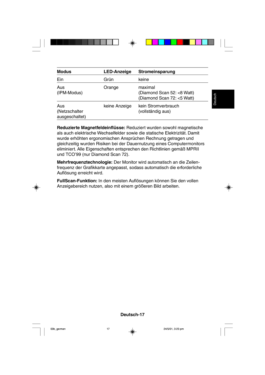 Mitsubishi Electronics M557 user manual Modus LED-Anzeige Stromeinsparung, Deutsch-17 