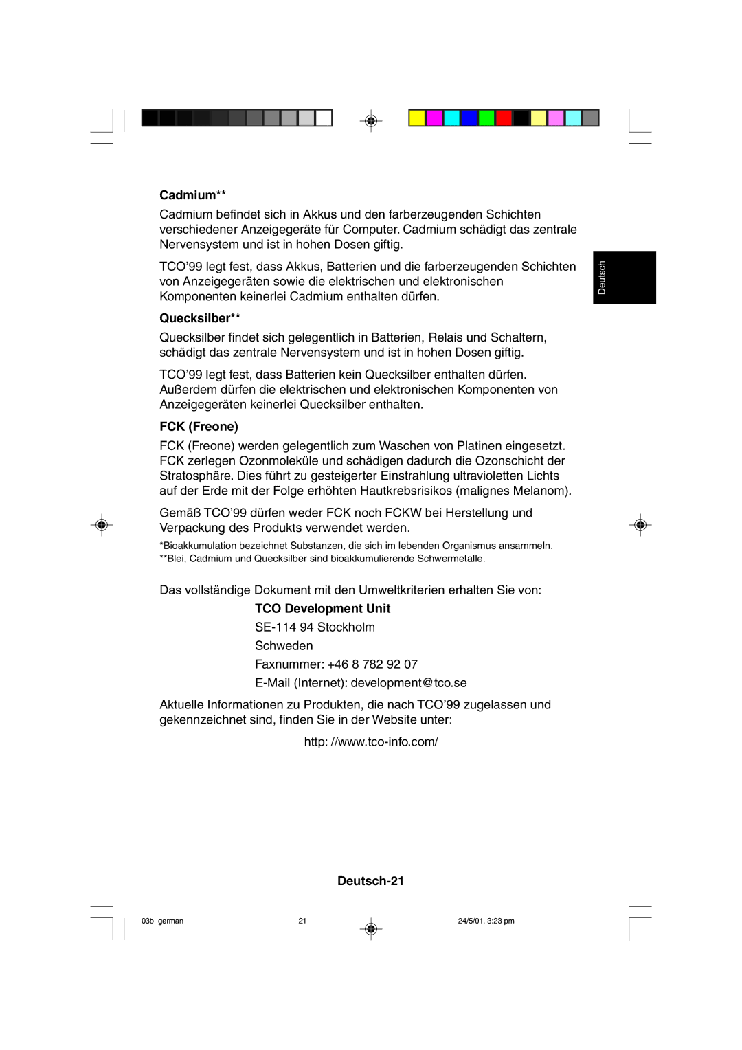 Mitsubishi Electronics M557 user manual Cadmium, Quecksilber, FCK Freone, TCO Development Unit, Deutsch-21 