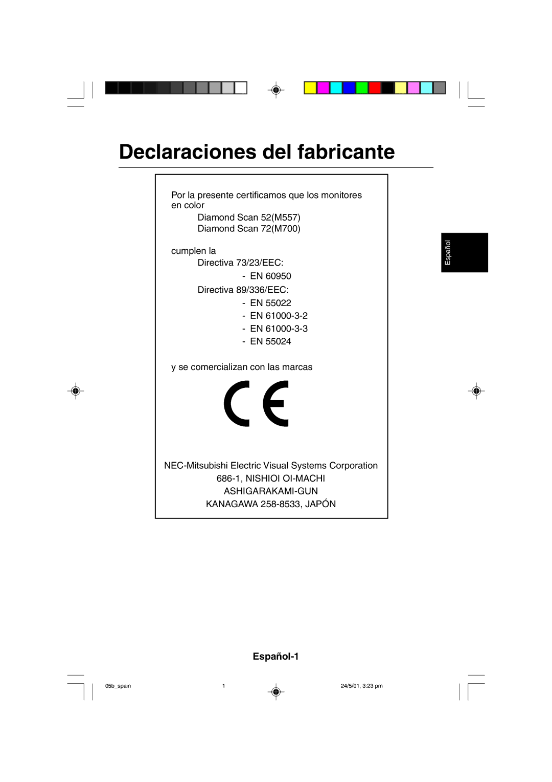 Mitsubishi Electronics M557 user manual Declaraciones del fabricante, Español-1 