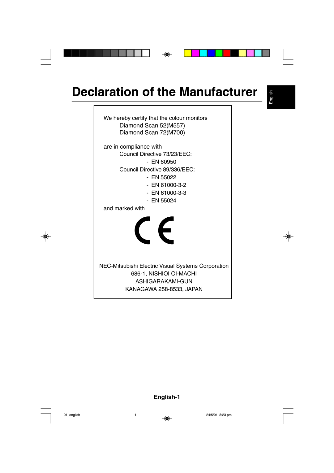 Mitsubishi Electronics M557 user manual Declaration of the Manufacturer, English-1 