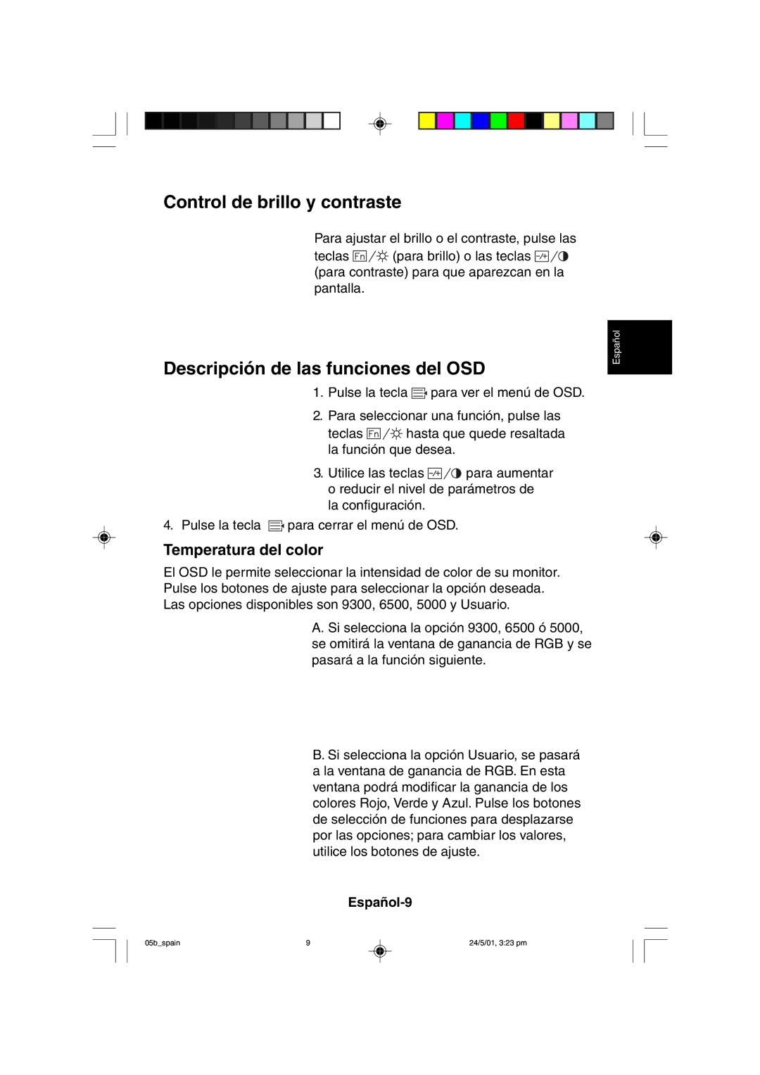 Mitsubishi Electronics M557 user manual Control de brillo y contraste, Descripción de las funciones del OSD, Español-9 