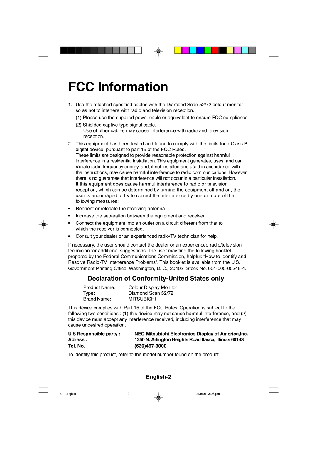 Mitsubishi Electronics M557 user manual FCC Information, English-2 