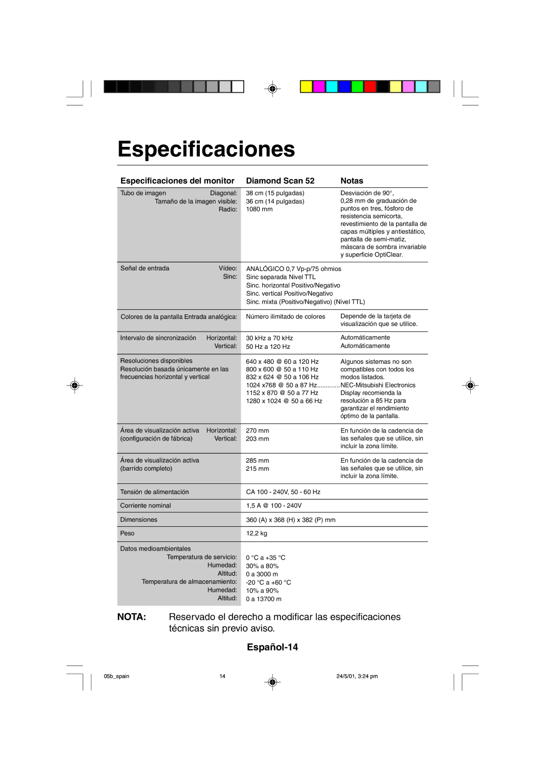 Mitsubishi Electronics M557 user manual Especificaciones, Español-14 