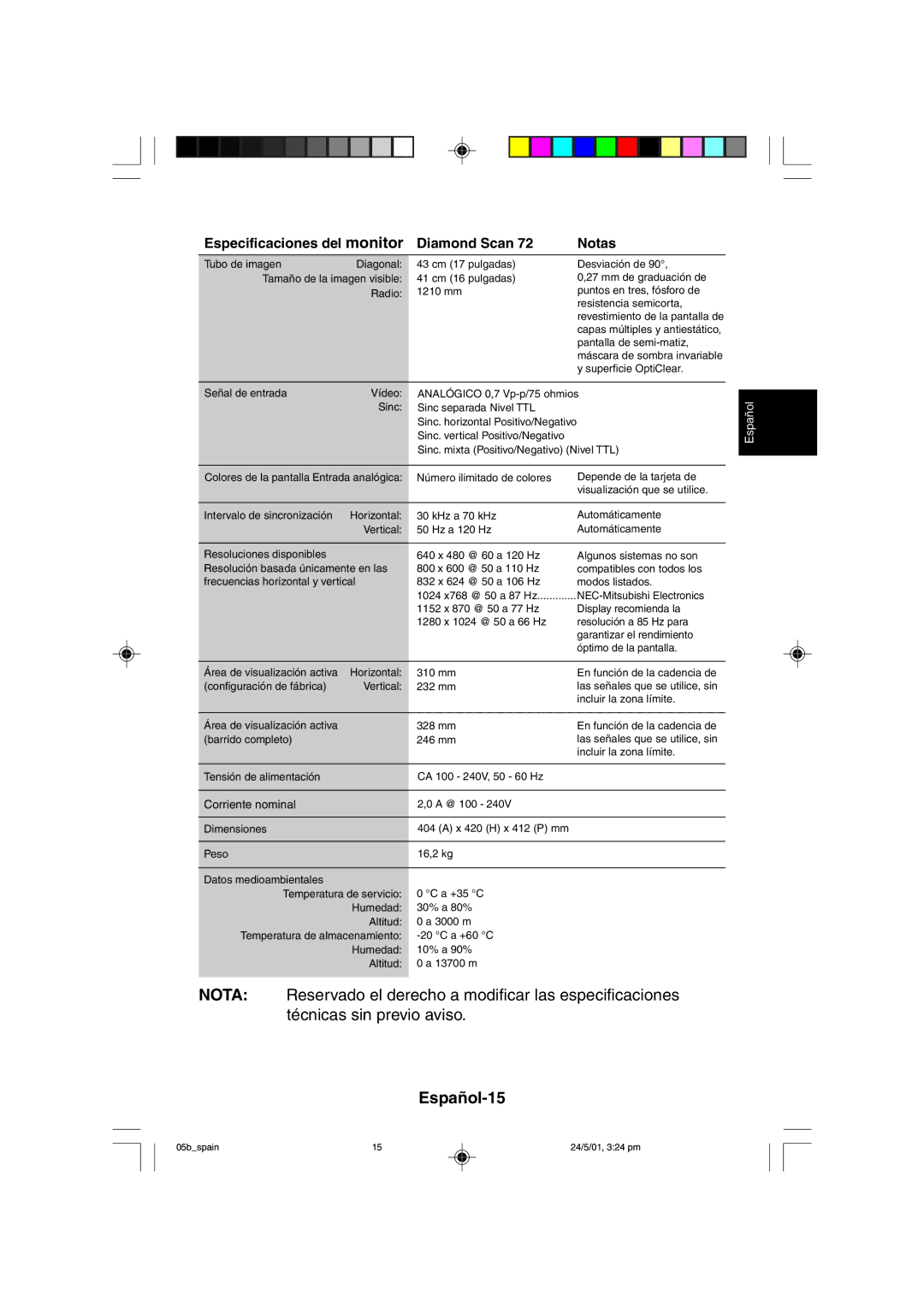 Mitsubishi Electronics M557 user manual Español-15, Corriente nominal 