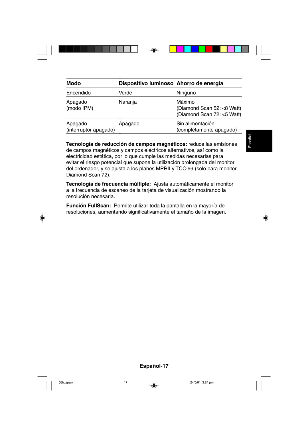 Mitsubishi Electronics M557 user manual Modo Dispositivo luminoso Ahorro de energía, Español-17 