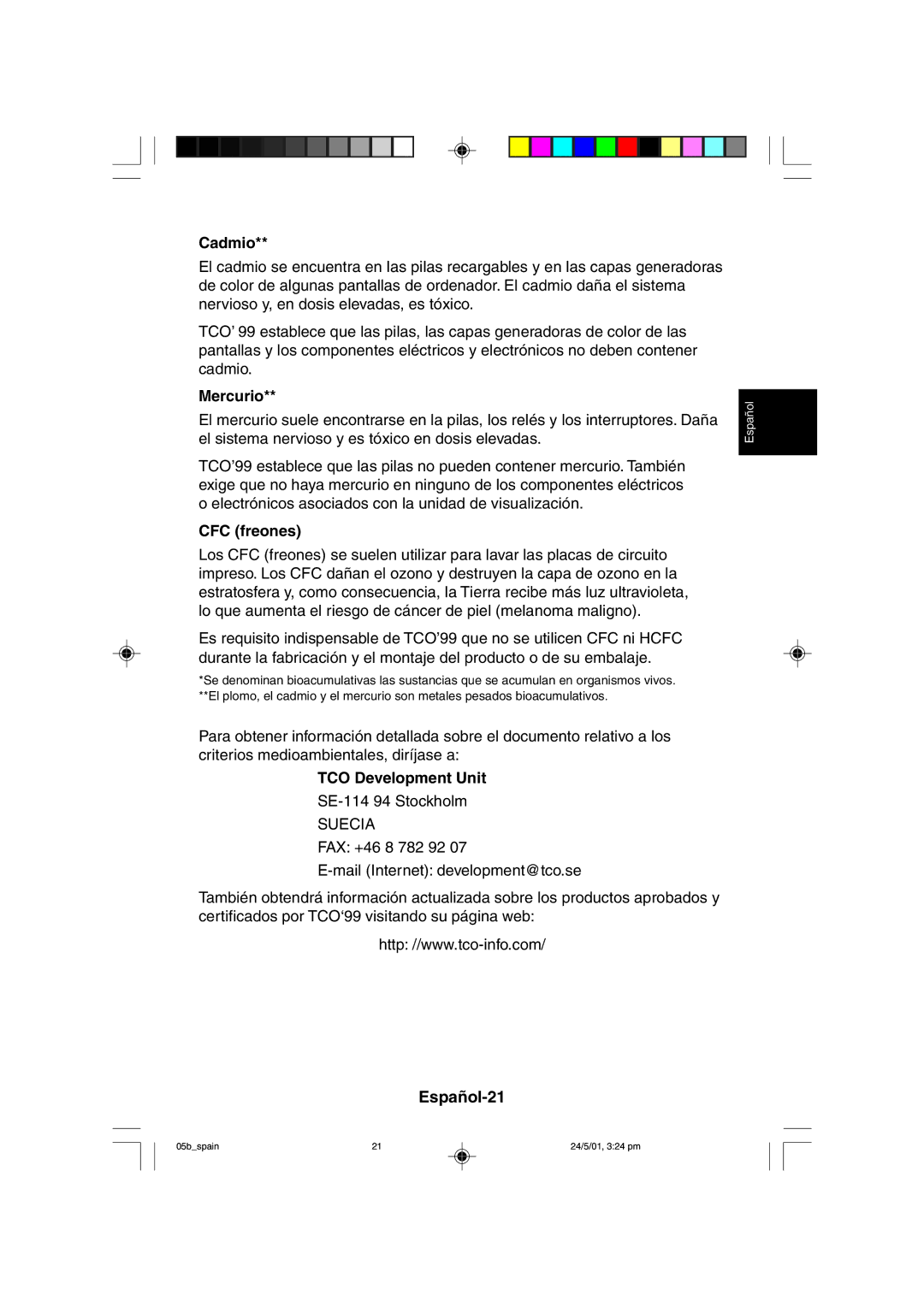 Mitsubishi Electronics M557 user manual Español-21, Cadmio, Mercurio, CFC freones 