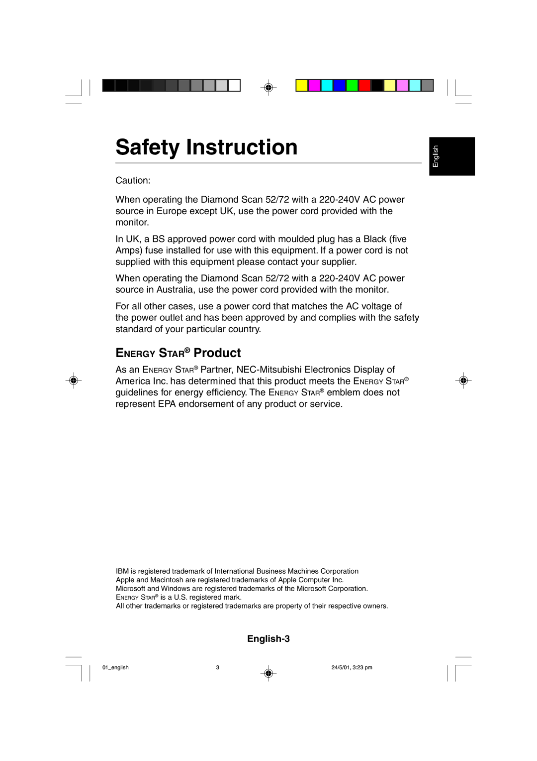 Mitsubishi Electronics M557 user manual Safety Instruction, Energy Star Product, English-3 