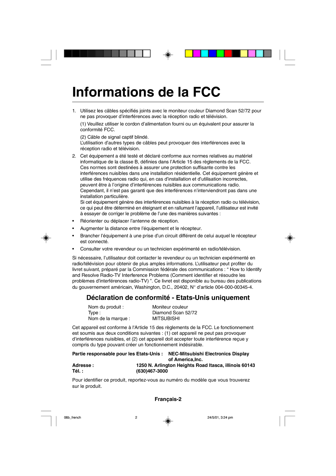 Mitsubishi Electronics M557 user manual Informations de la FCC, Français-2 