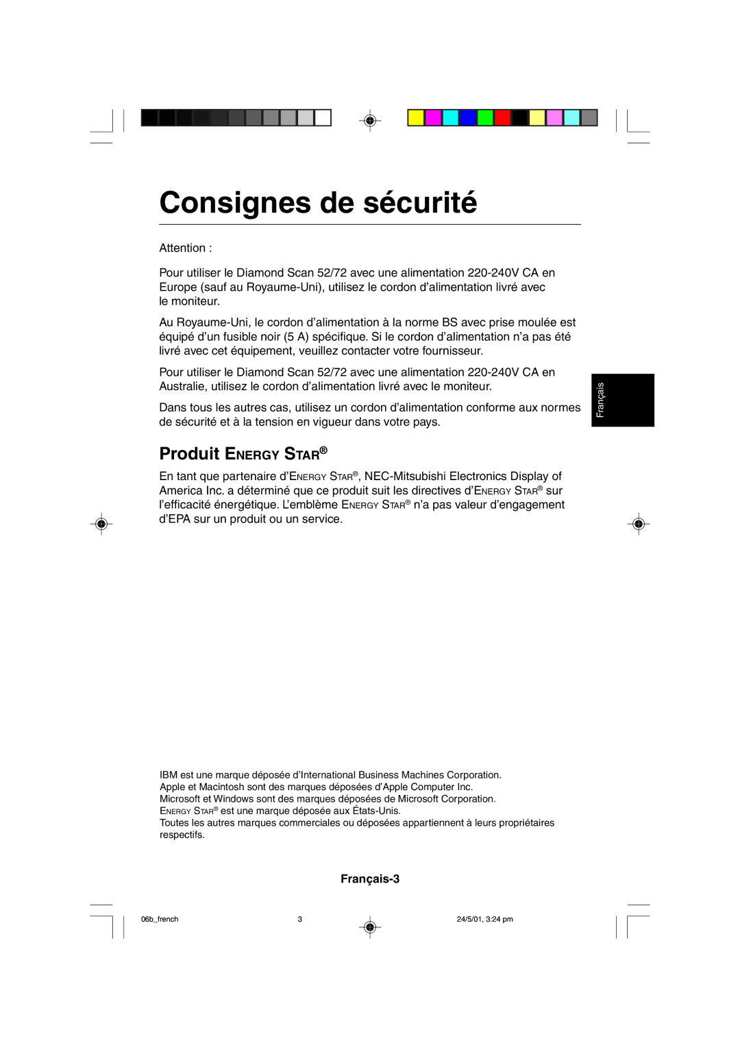 Mitsubishi Electronics M557 user manual Consignes de sécurité, Produit Energy Star, Français-3 