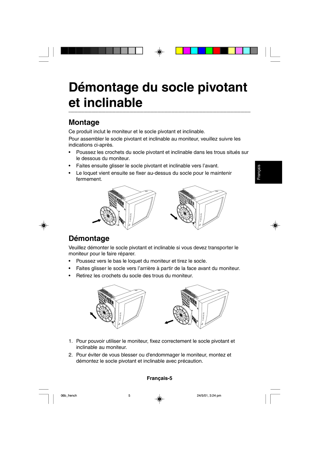 Mitsubishi Electronics M557 user manual Démontage du socle pivotant et inclinable, Montage, Français-5 