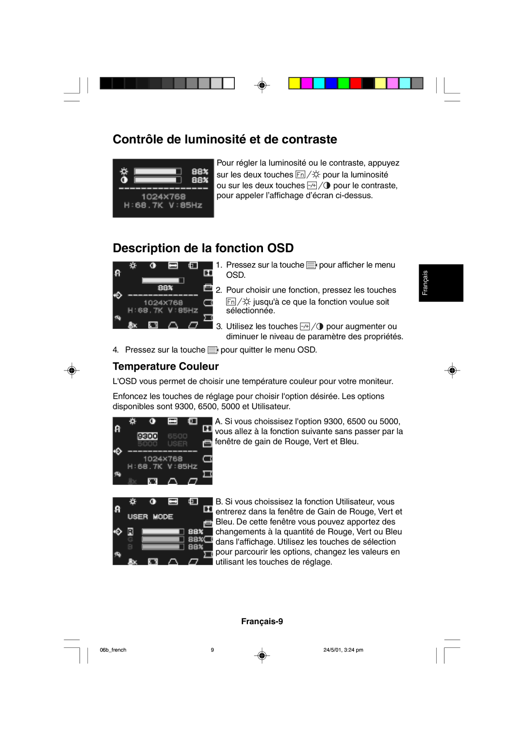 Mitsubishi Electronics M557 user manual Contrôle de luminosité et de contraste, Description de la fonction OSD, Français-9 