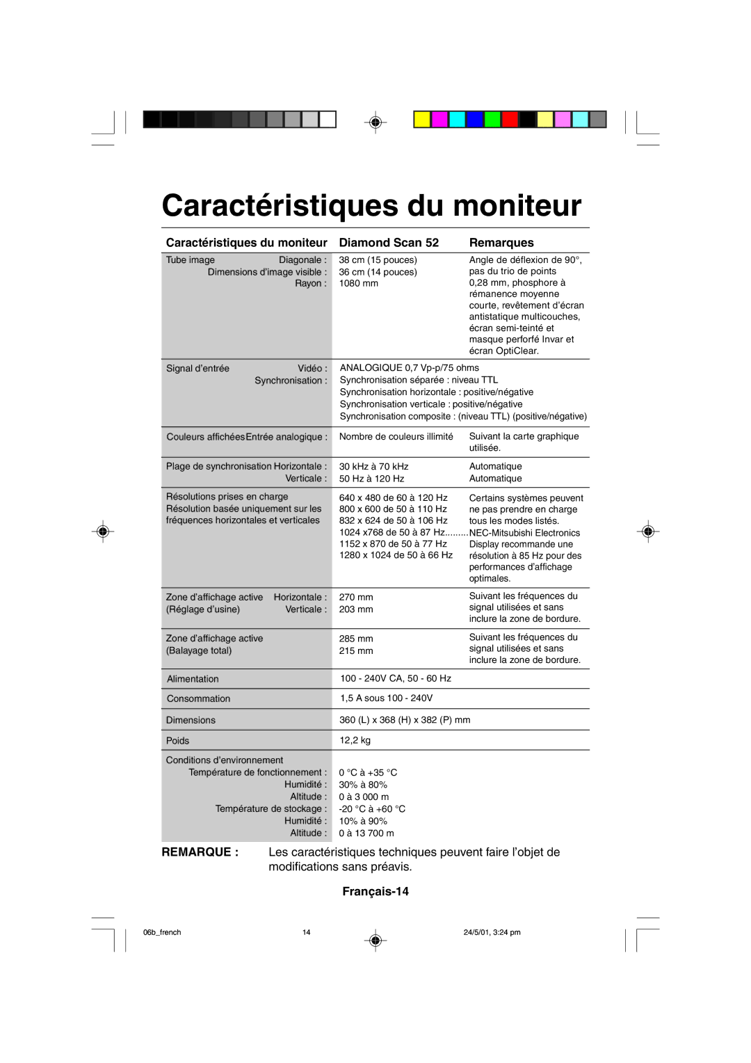 Mitsubishi Electronics M557 user manual Caractéristiques du moniteur Diamond Scan, Français-14 