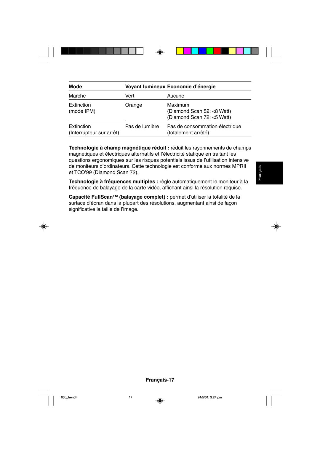 Mitsubishi Electronics M557 user manual Mode Voyant lumineux Economie d’énergie 