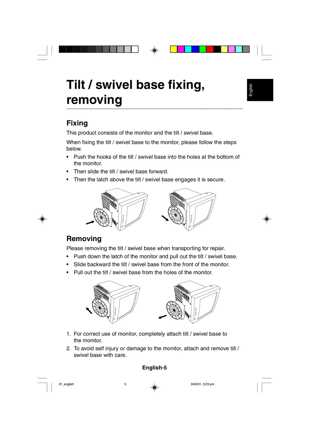 Mitsubishi Electronics M557 user manual Tilt / swivel base fixing, removing, Fixing, Removing, English-5 