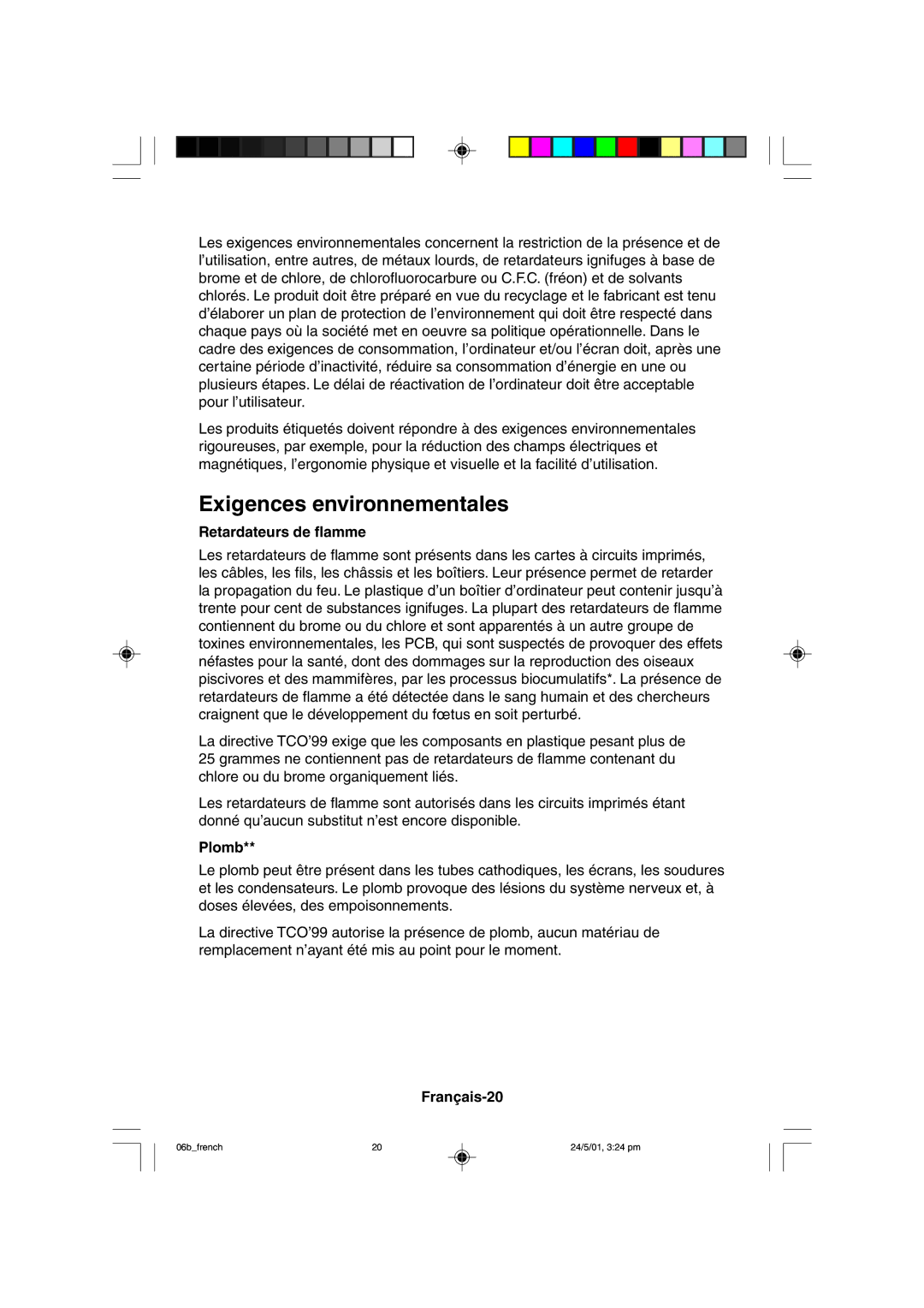 Mitsubishi Electronics M557 user manual Exigences environnementales, Retardateurs de flamme, Plomb, Français-20 