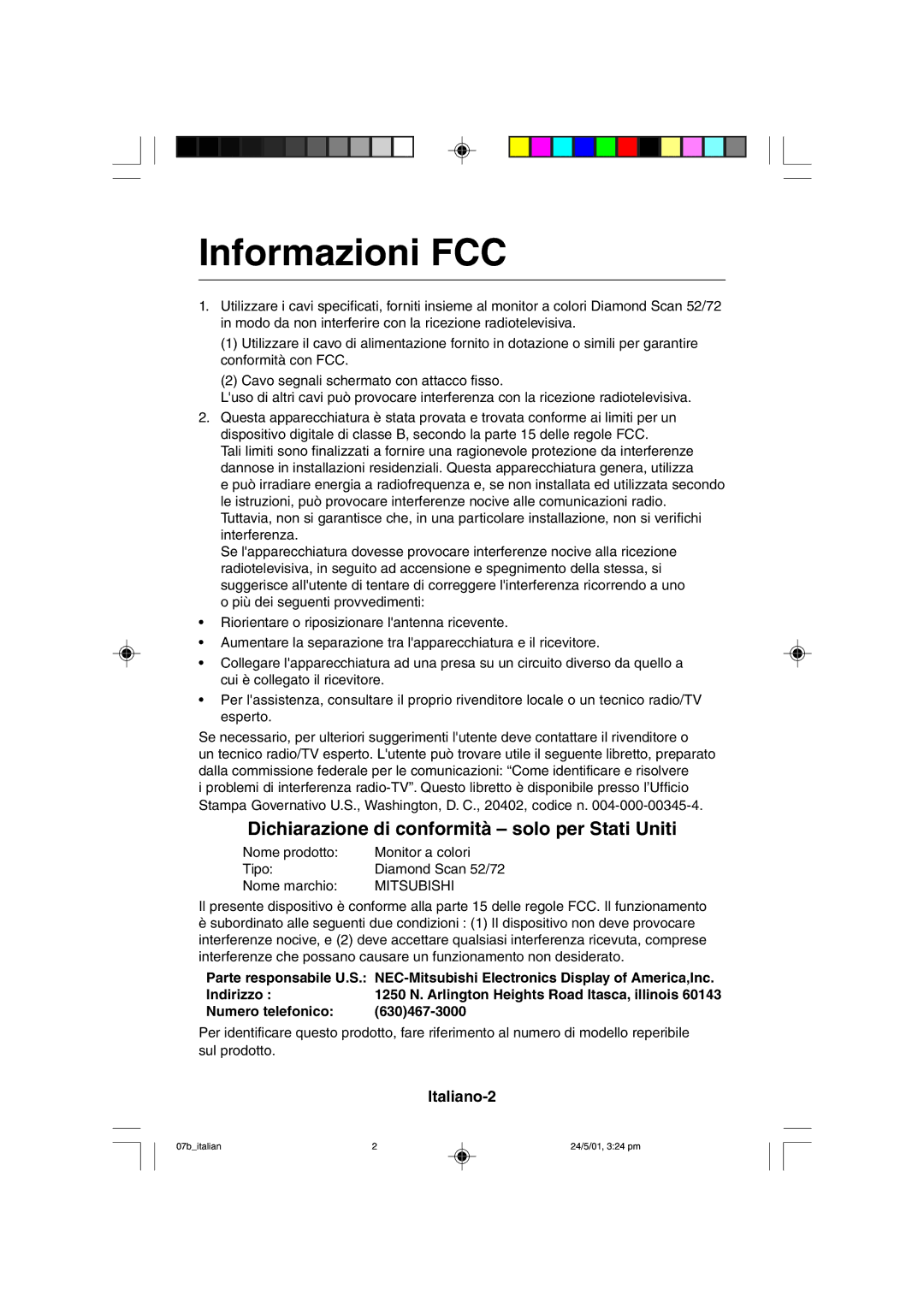 Mitsubishi Electronics M557 user manual Informazioni FCC, Italiano-2 